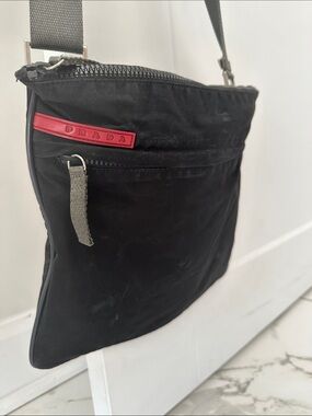 Prada Black Nylon Messenger Bag with Red Logo NEEDS GOOD CLEANING